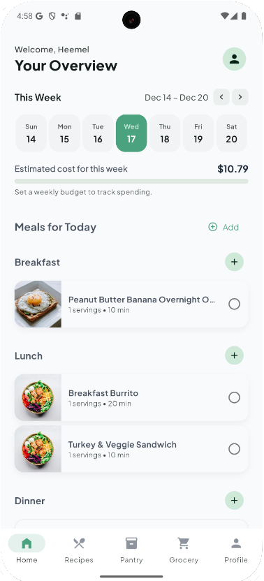 Miso app weekly meal planning screen